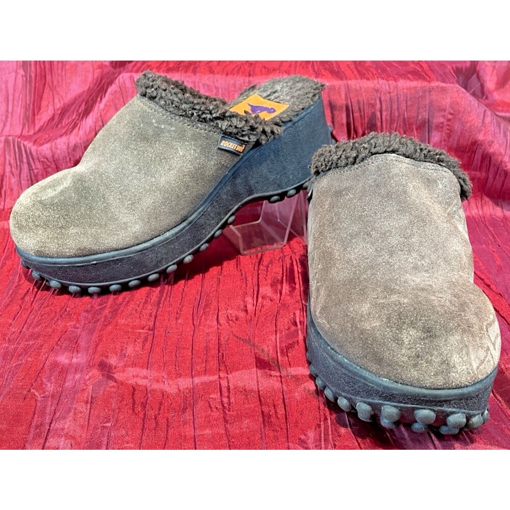 Womens Rocket Dog Chunky Clogs Brown Slip Ons Faux Leather Fur Lined sz 7.5B